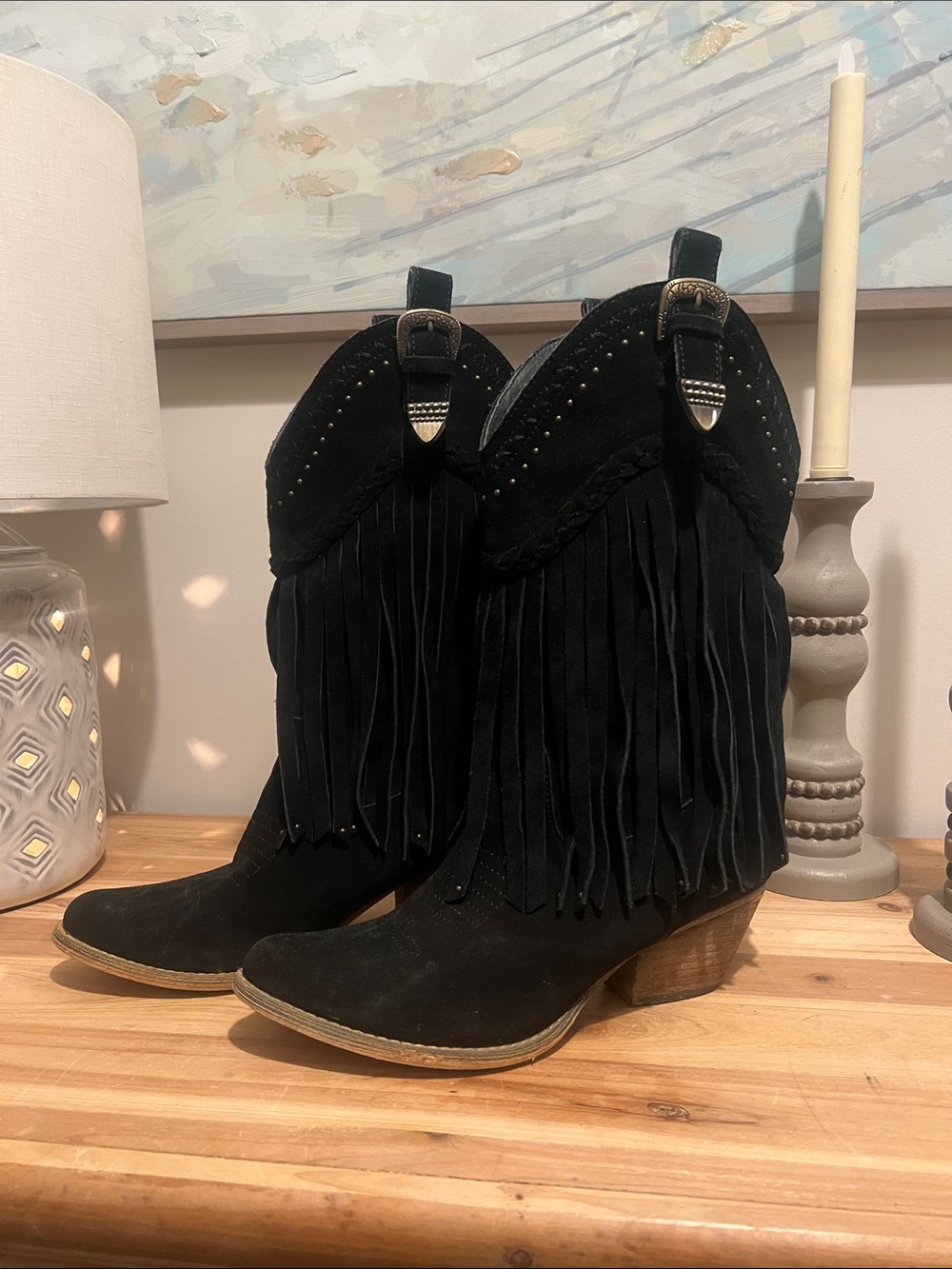 Women's Black Fringe Suede Western Heeled Boots Size 9